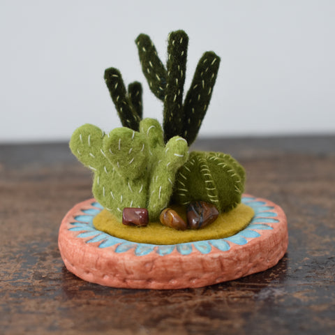 Miniature Felt Cactus Garden with Tigers Eye Rocks