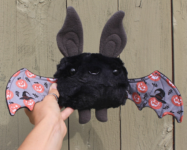 Small Black Bat with Pumpkin & Witch Hat Wings
