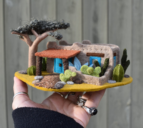 Desert Adobe with Cactus Garden, Fiber Art Sculpture