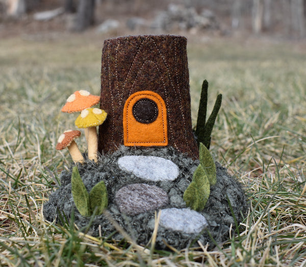 Fiber Art Sculpture: Stump House on a Hill with Mushrooms