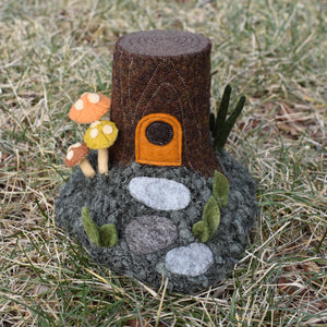 Fiber Art Sculpture: Stump House on a Hill with Mushrooms